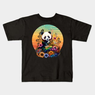 Colorful funny Panda with Sunset, floral tattoo, panda bear rainbow color, colored Kids T-Shirt